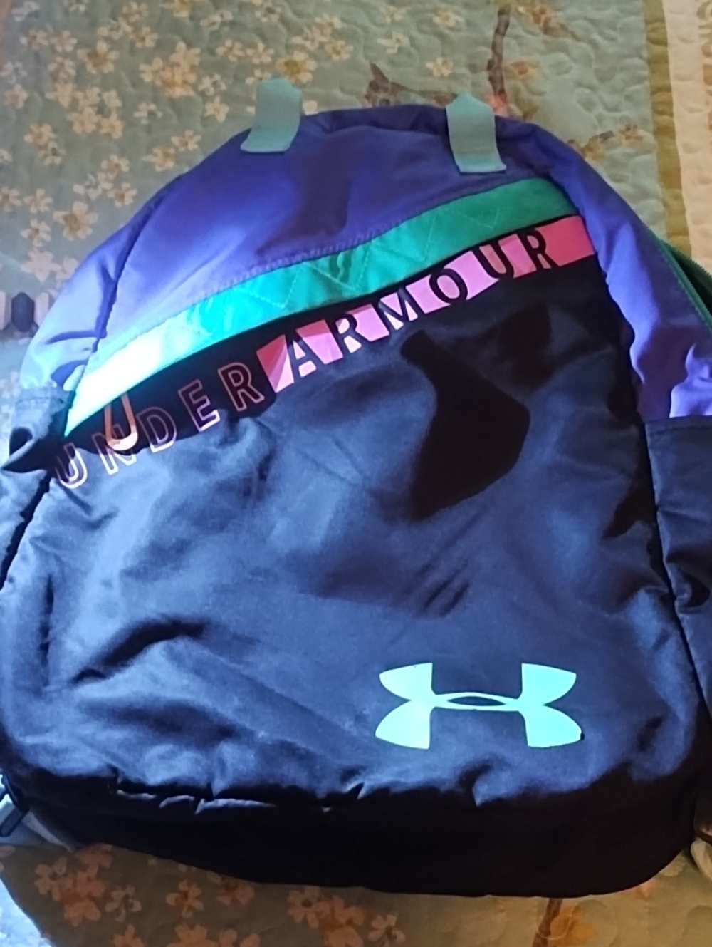 Under Armour Black Backpack with Teal, Purple & Pink Accents VGC.